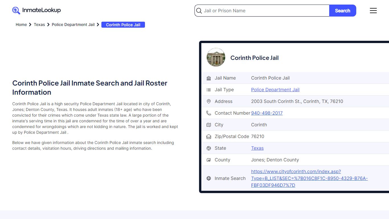 Corinth Police Jail Inmate Search - Corinth Texas - Inmate Lookup